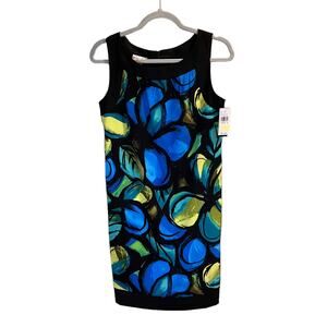 Kim Rogers Floral Stretch Sheath Dress Size 6 Scoop Neck Black Blue NWT